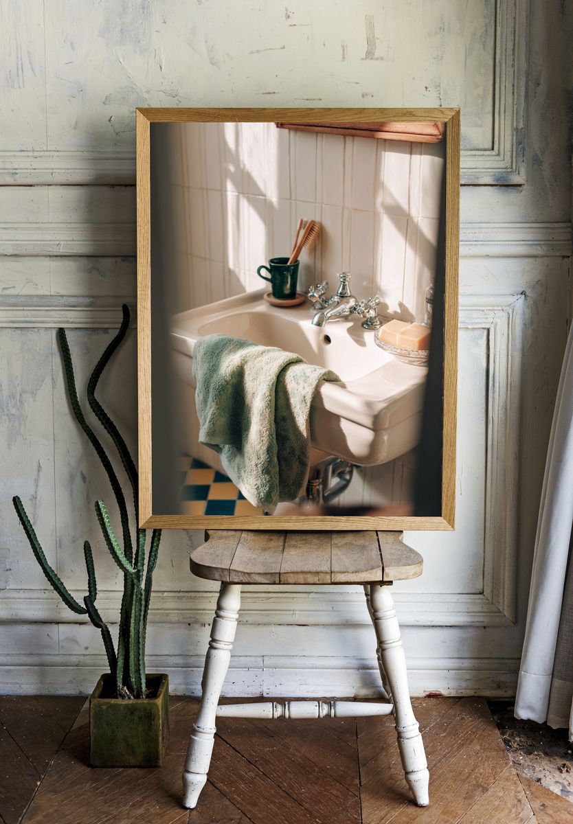 Sunlit Bathroom Sink Photography Poster. — room view 1