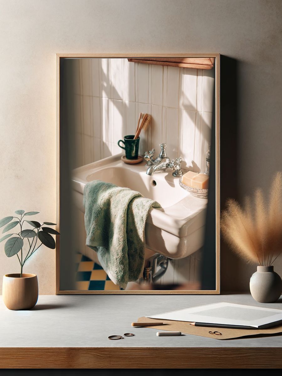 Sunlit Bathroom Sink Photography Poster. — room view 2
