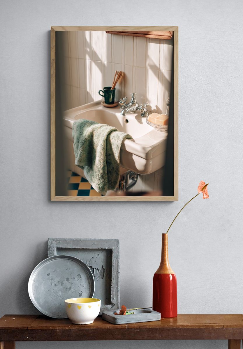 Sunlit Bathroom Sink Photography Poster. — room view 3
