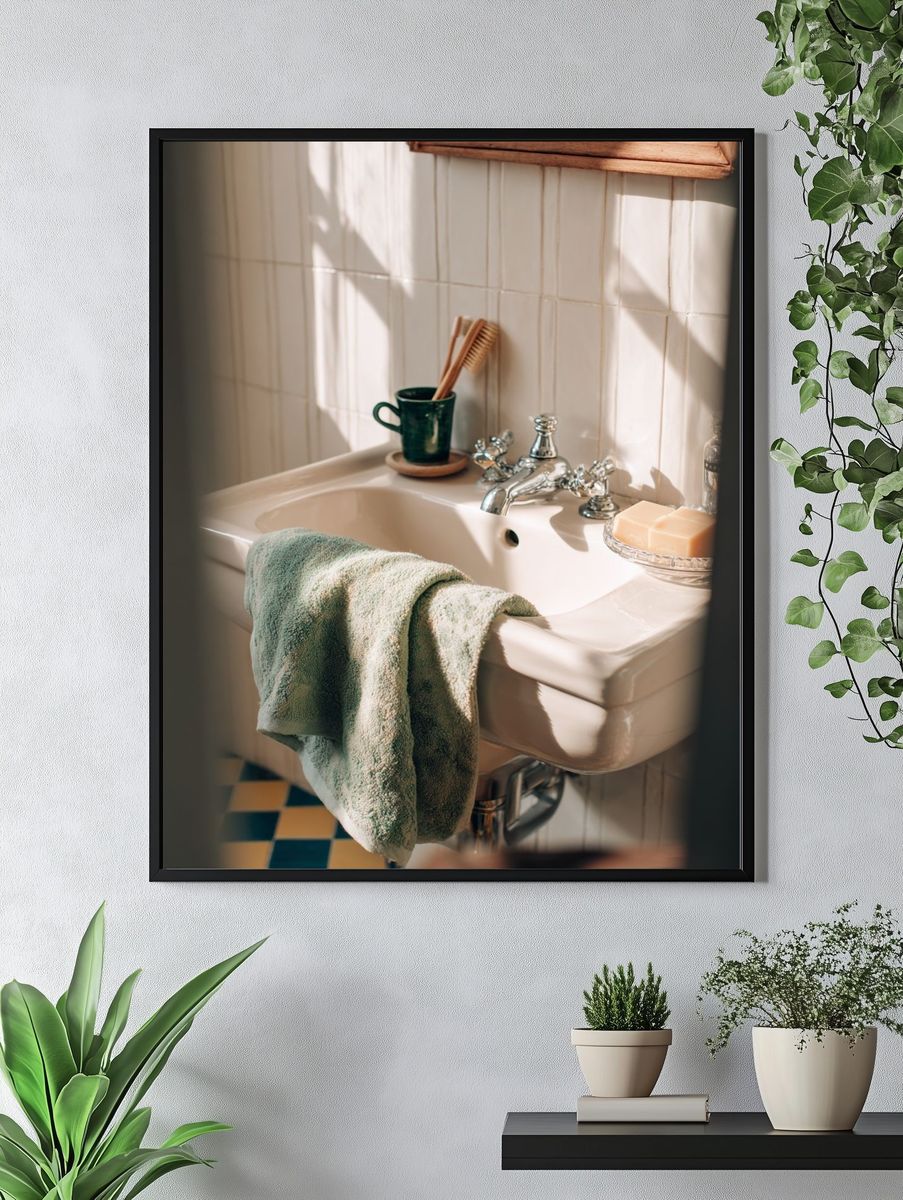 Sunlit Bathroom Sink Photography Poster. — room view 4