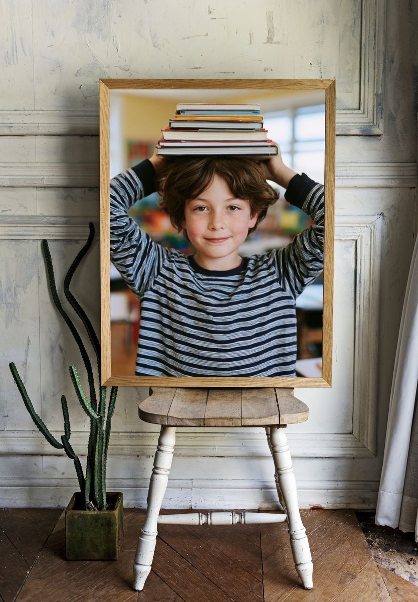 Boy with Books Photography Poster. — room view 1
