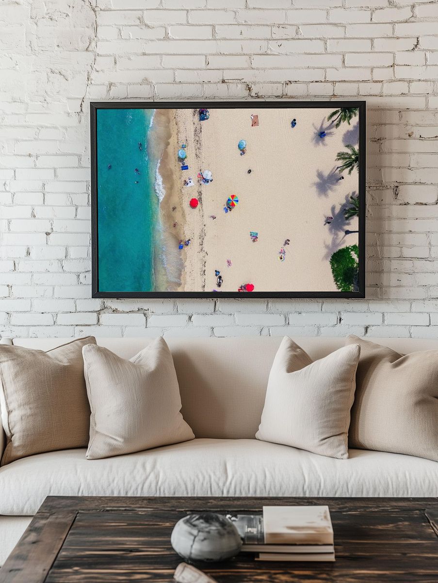 aerial shot tourists sunbathing sand. — room view 1