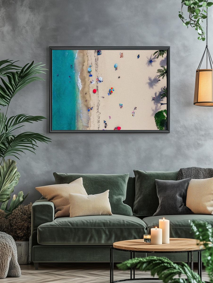 aerial shot tourists sunbathing sand. — room view 4