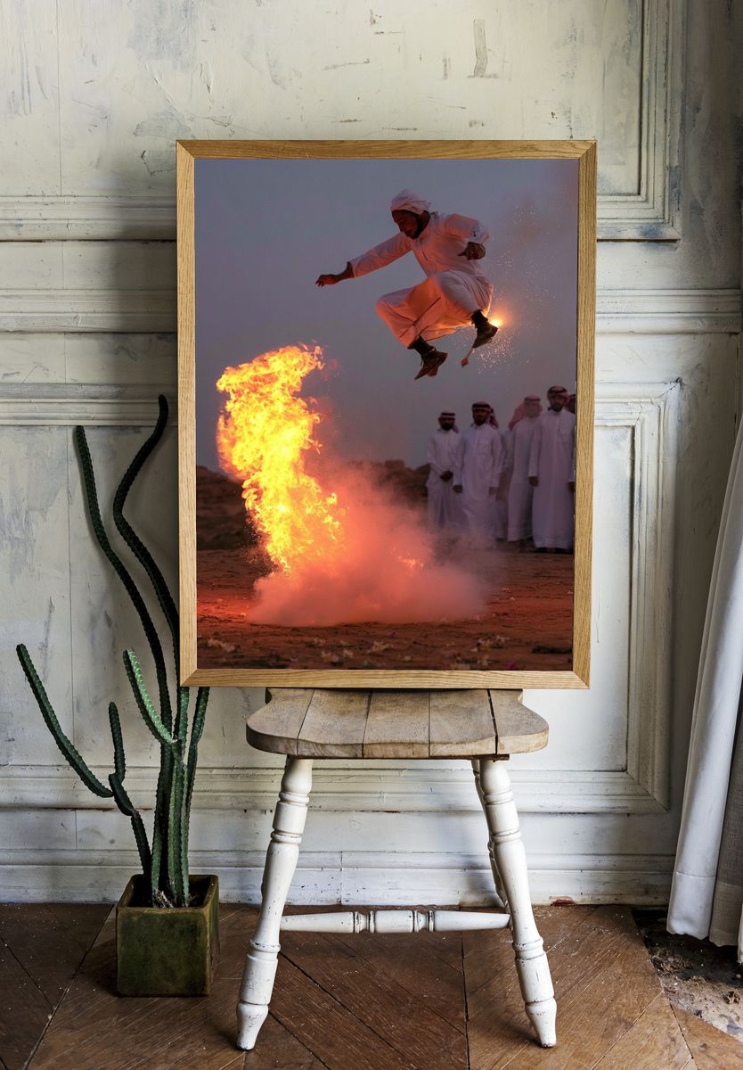 Fire Dance Jump Photography Print. room preview