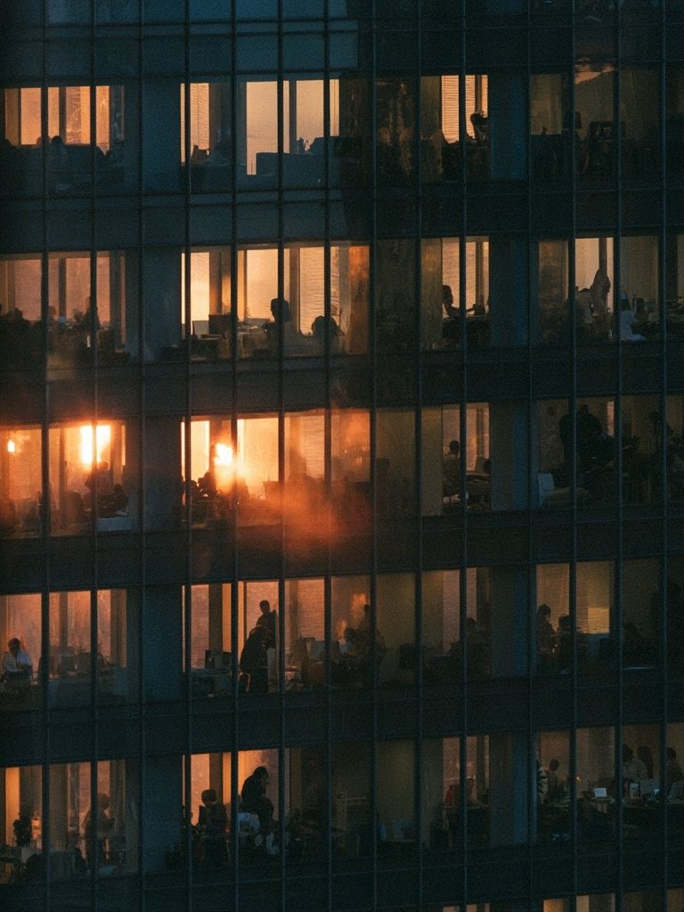 Office Windows at Dusk Photography Poster. poster detail