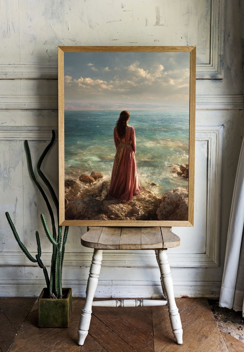 Seaside Woman in Pink Dress Poster. room preview