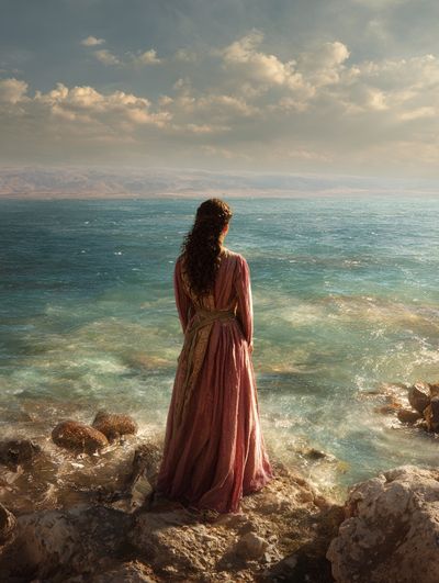 Seaside Woman in Pink Dress Poster. poster