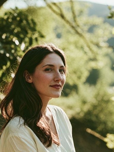 Woman in Sunlit Garden Portrait Print. poster detail