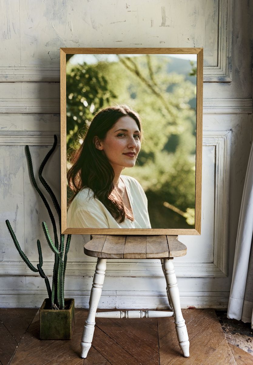 Woman in Sunlit Garden Portrait Print. room preview