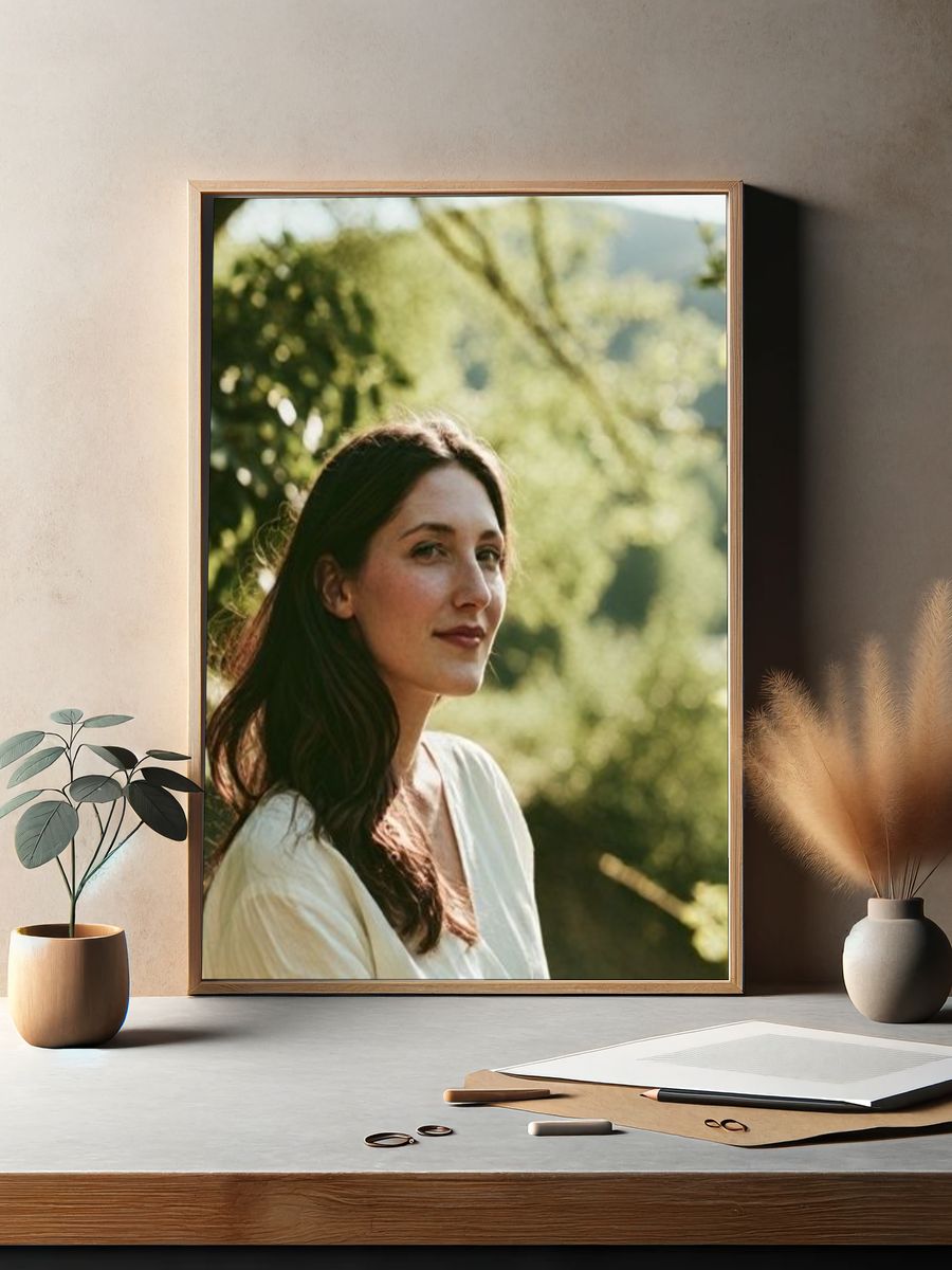 Woman in Sunlit Garden Portrait Print. — room view 2