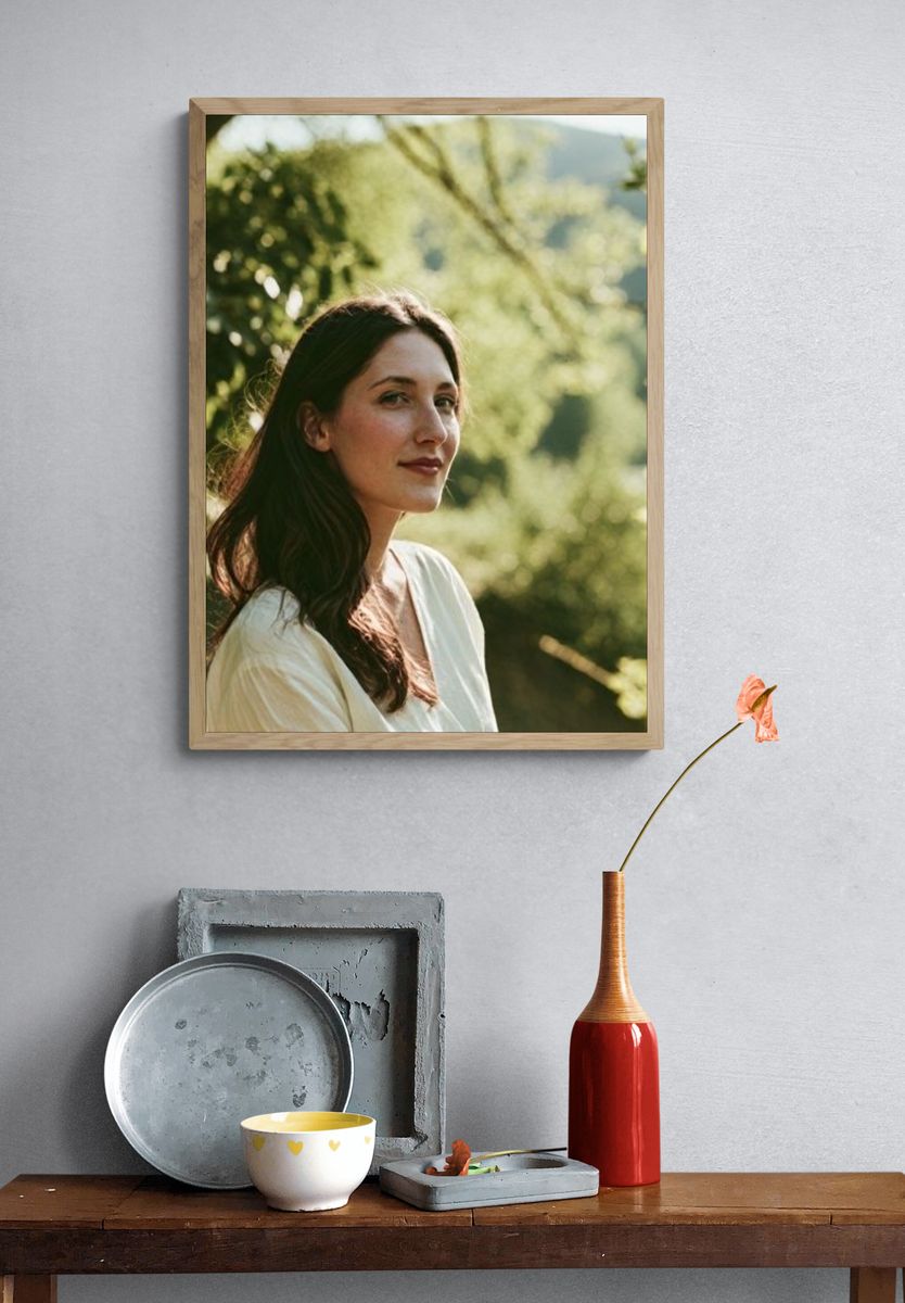 Woman in Sunlit Garden Portrait Print. — room view 3