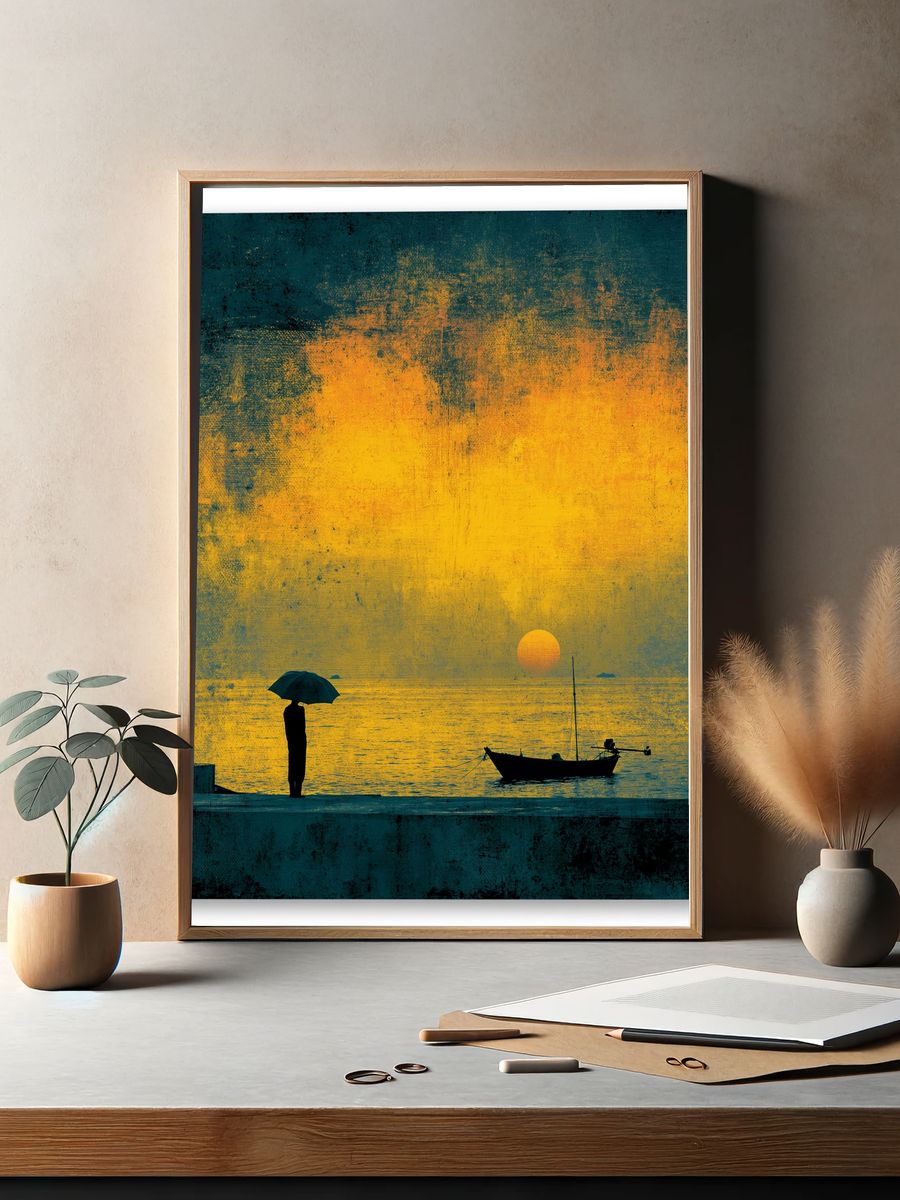 Sunset Seascape Silhouette Poster. — room view 2