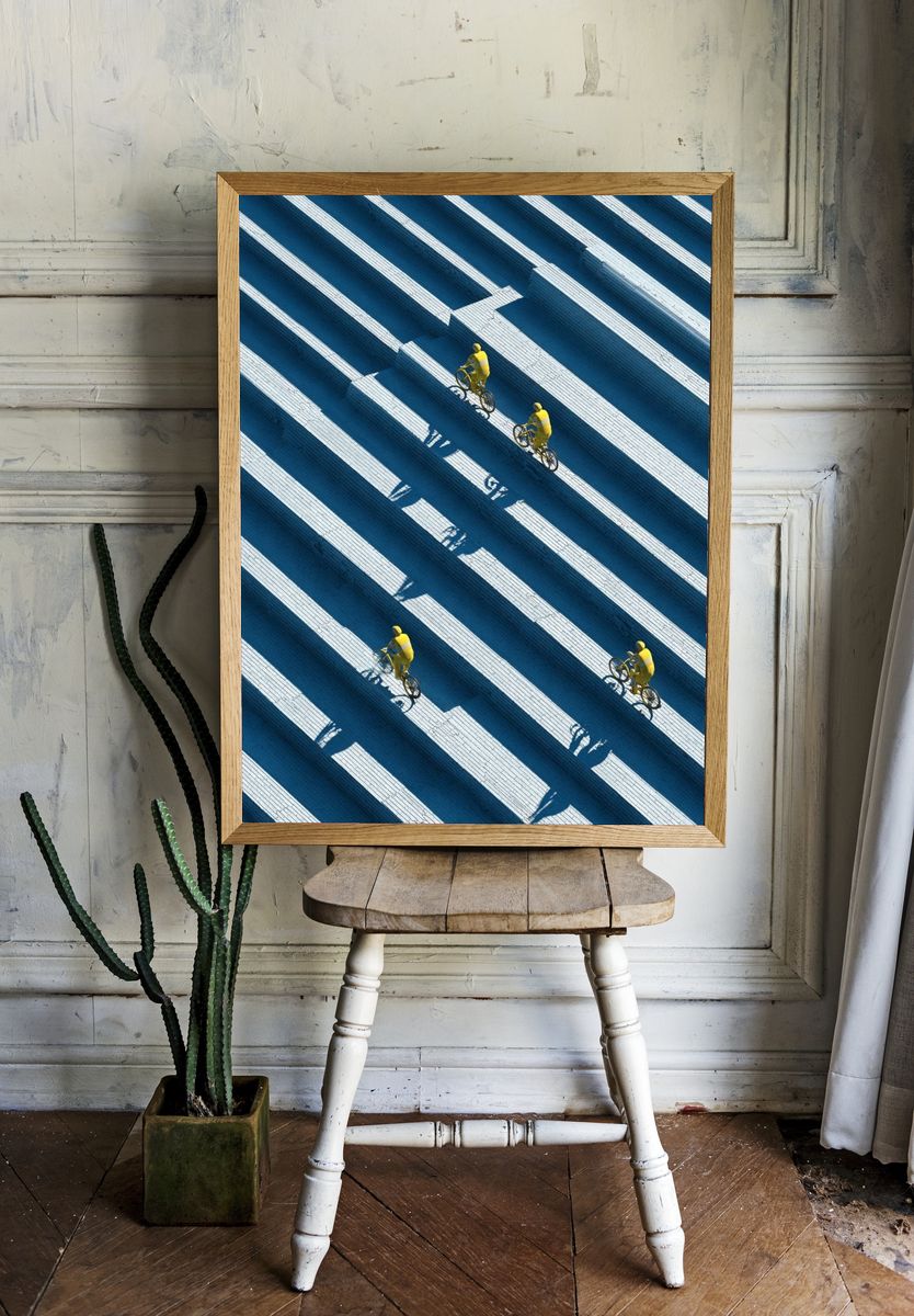 Cyclists in Blue Steps Photography Poster. — room view 1