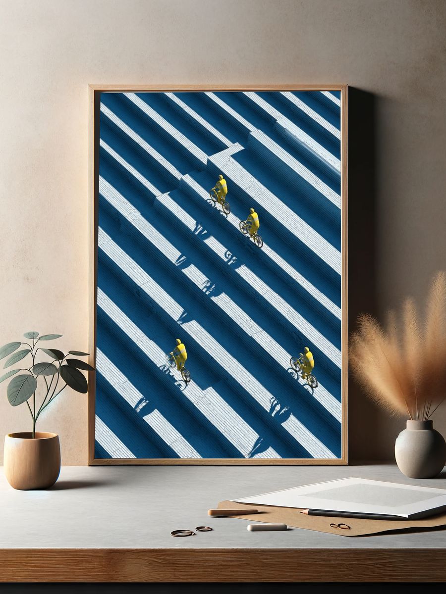 Cyclists in Blue Steps Photography Poster. — room view 2
