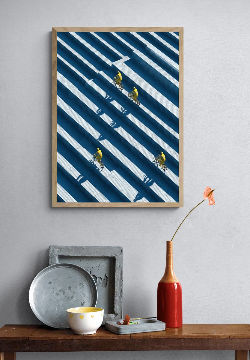 Cyclists in Blue Steps Photography Poster. — room view 3