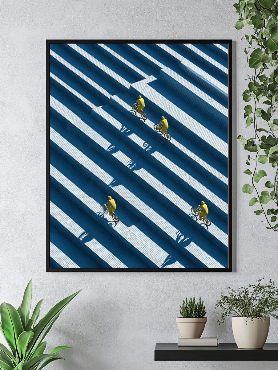 Cyclists in Blue Steps Photography Poster. — room view 4