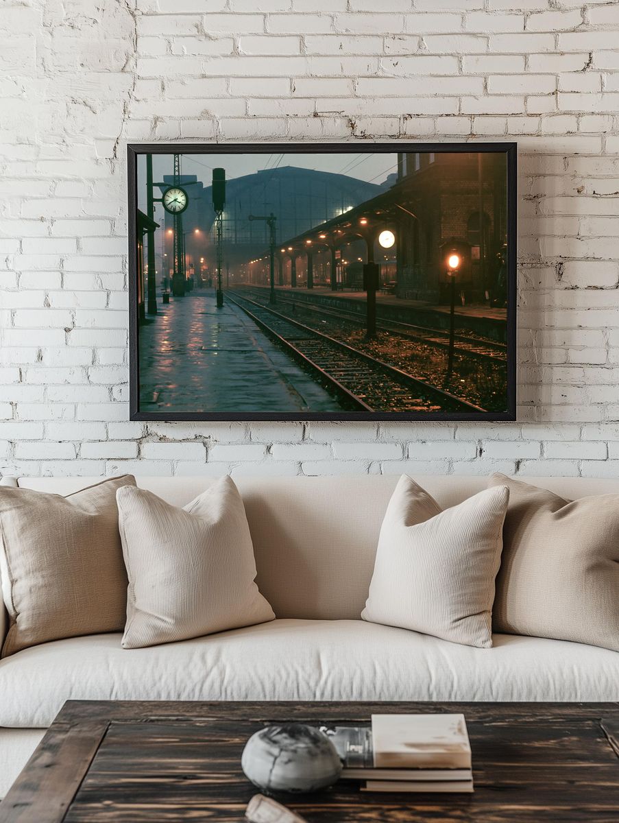 Foggy Train Station Photography Poster. room preview