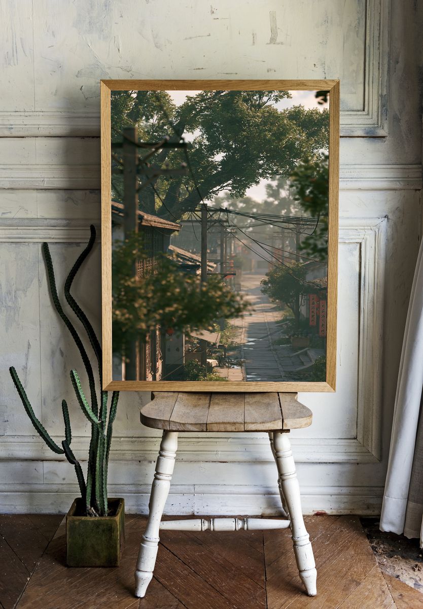 Misty Village Street Photography Poster. room preview