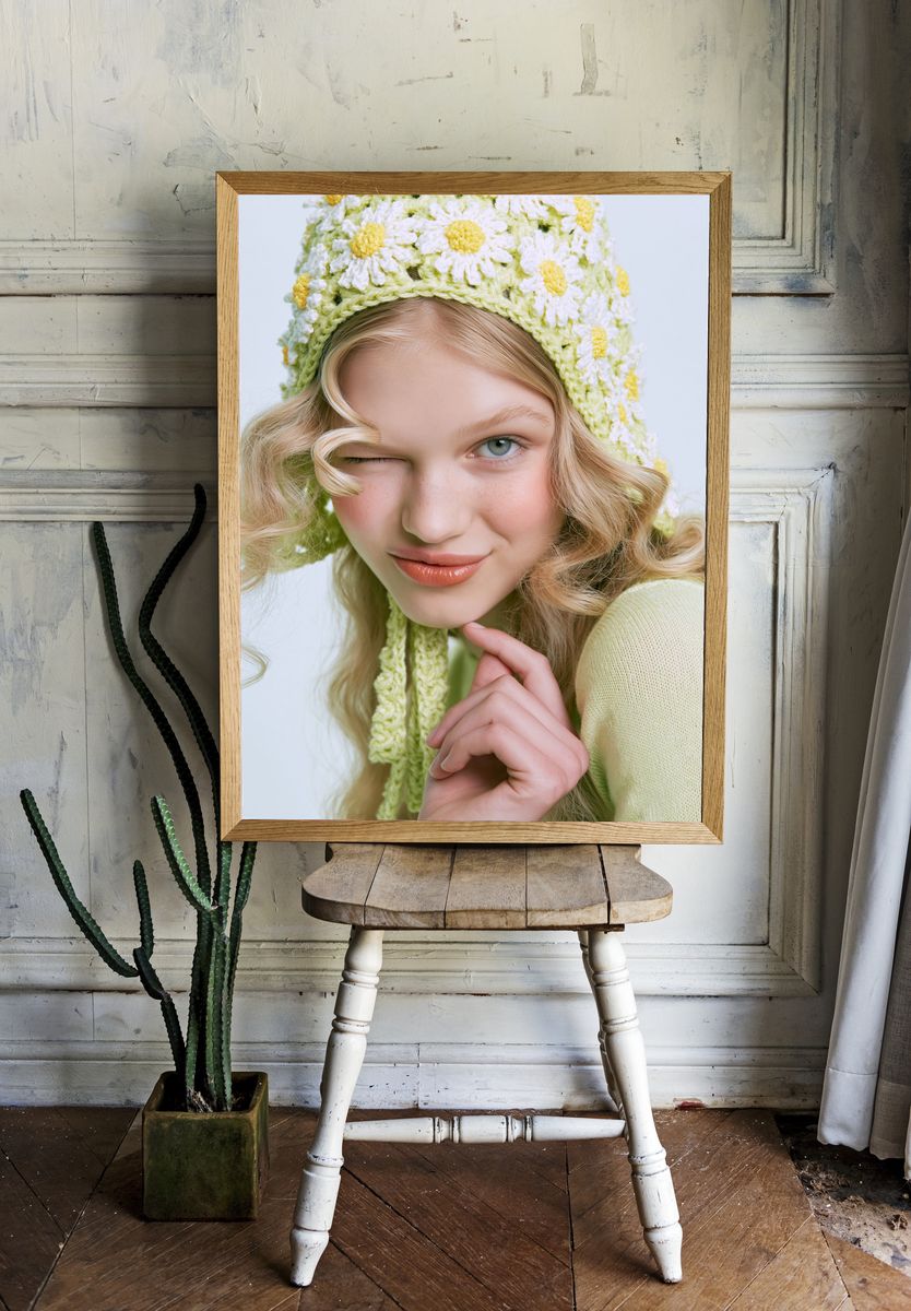 Blonde Portrait in Daisy Knit Poster. room preview