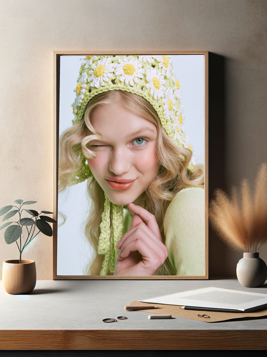 Blonde Portrait in Daisy Knit Poster. — room view 2
