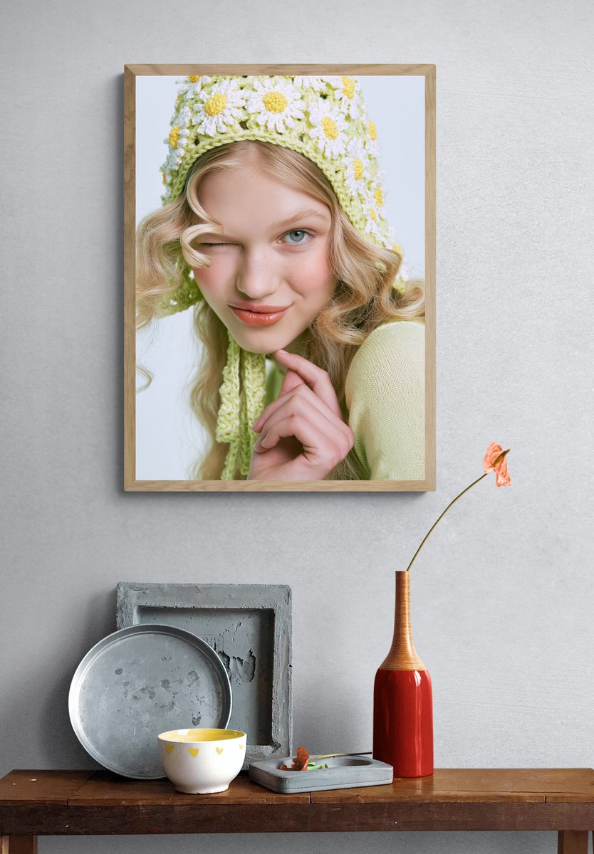Blonde Portrait in Daisy Knit Poster. — room view 3