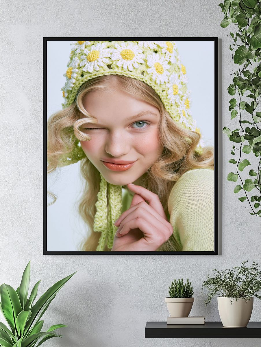 Blonde Portrait in Daisy Knit Poster. — room view 4