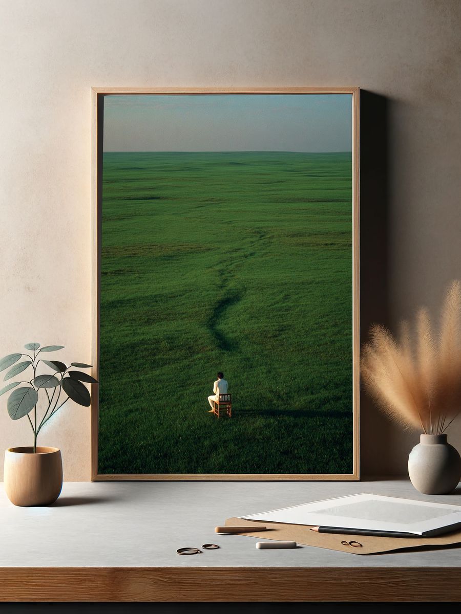 Solitary Figure in Green Field Poster. — room view 2