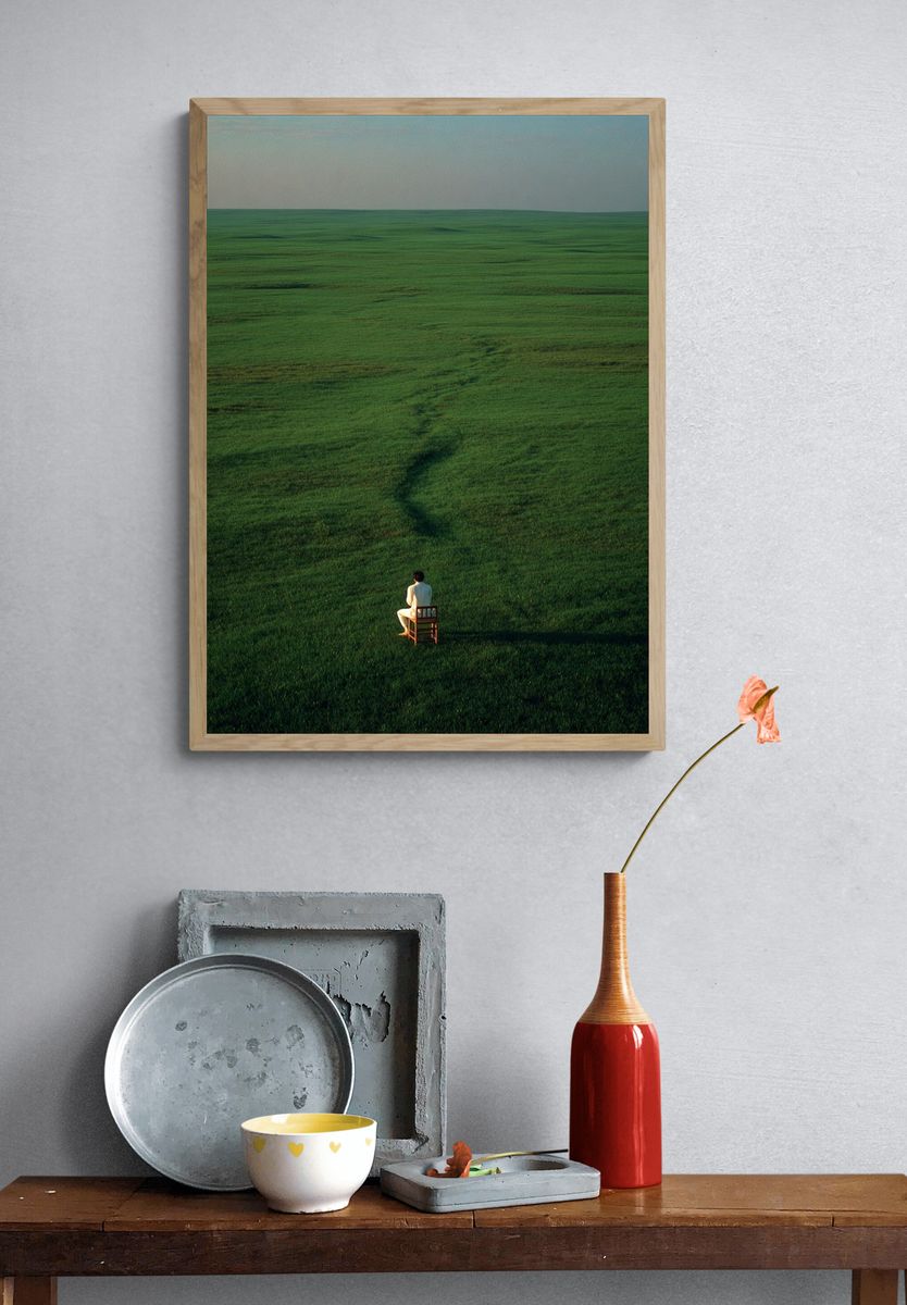 Solitary Figure in Green Field Poster. — room view 3