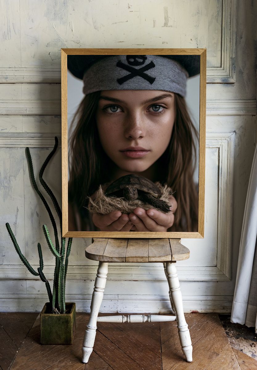 Girl with Turtle Portrait Print. — room view 1