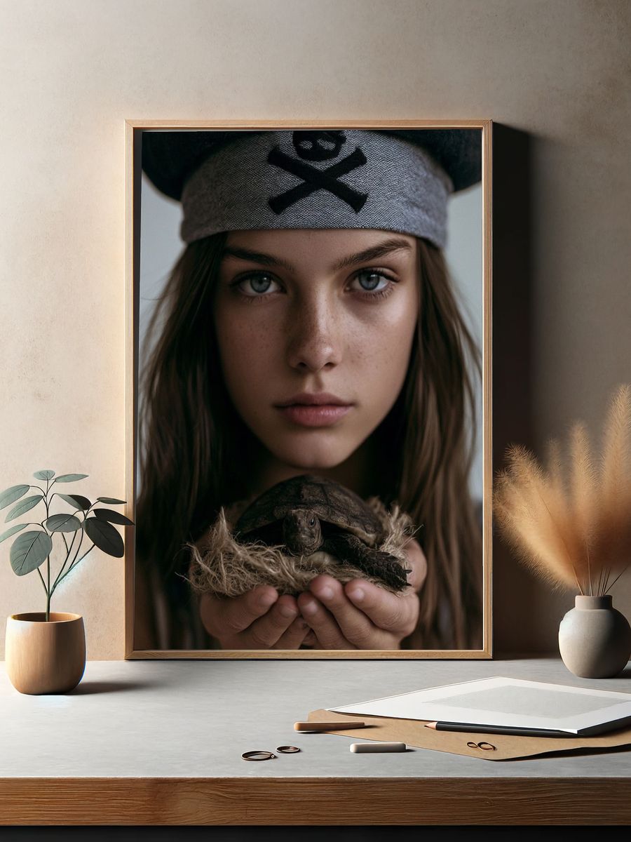 Girl with Turtle Portrait Print. — room view 2