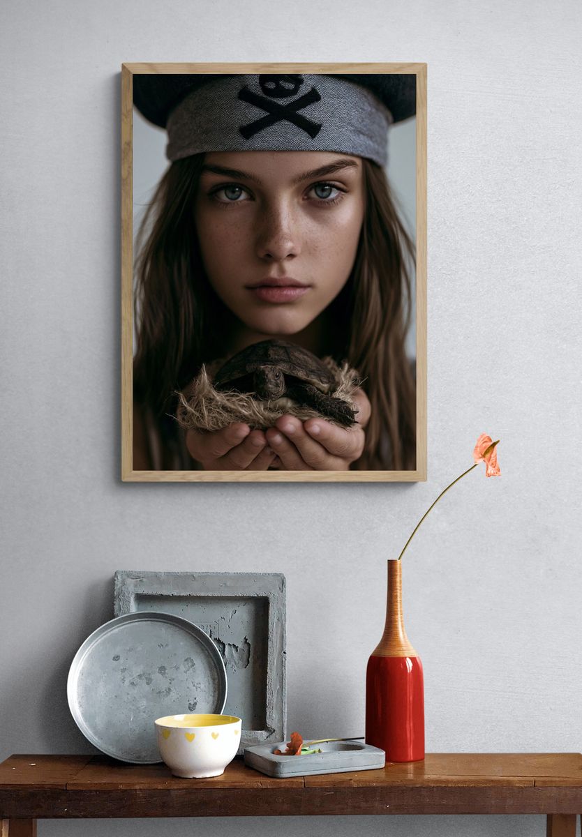Girl with Turtle Portrait Print. — room view 3