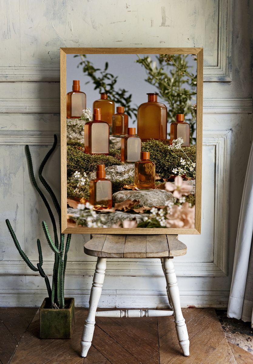 Amber Perfume Bottles Photography Poster. — room view 1