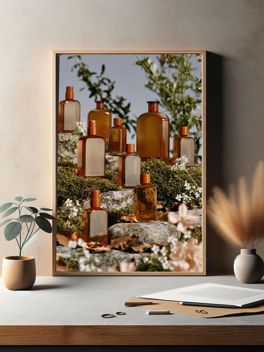 Amber Perfume Bottles Photography Poster. — room view 2