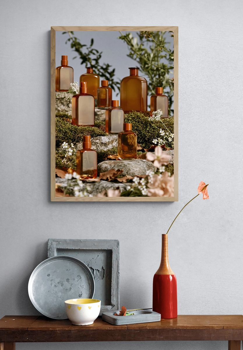 Amber Perfume Bottles Photography Poster. — room view 3