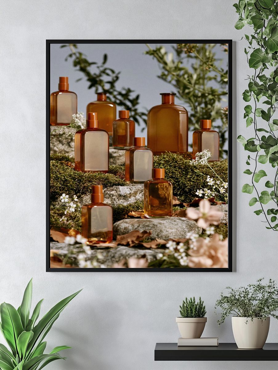 Amber Perfume Bottles Photography Poster. — room view 4