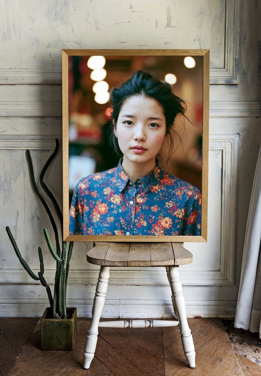Portrait in Floral Shirt Photography Poster. — room view 1