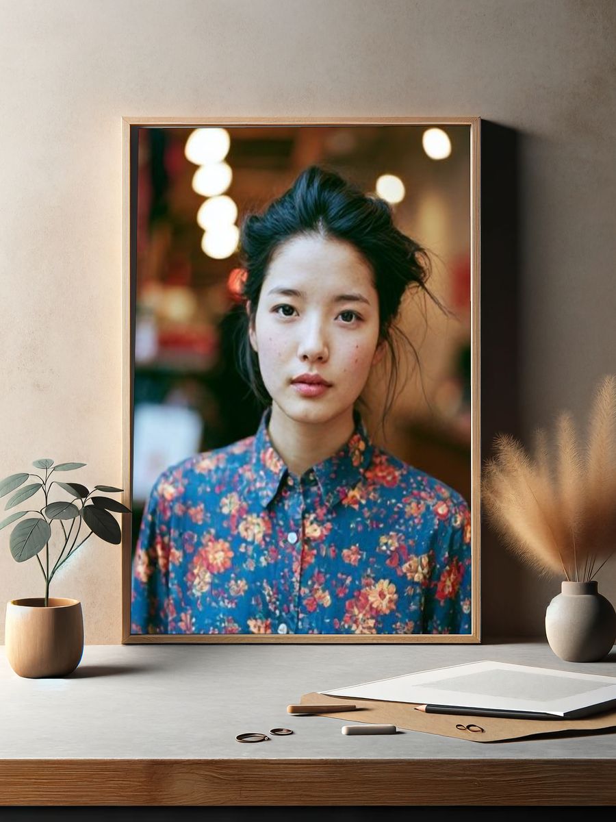 Portrait in Floral Shirt Photography Poster. — room view 2