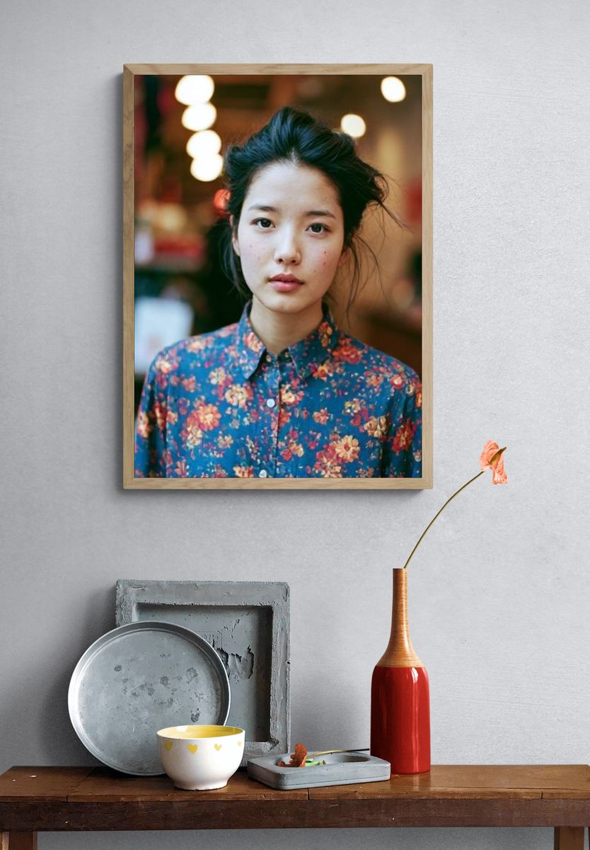 Portrait in Floral Shirt Photography Poster. — room view 3