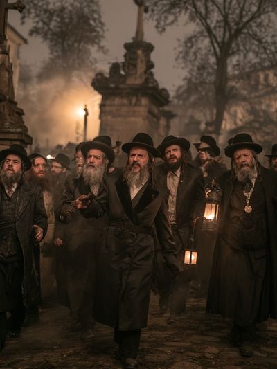 Hasidic Men in Foggy Street Poster. poster