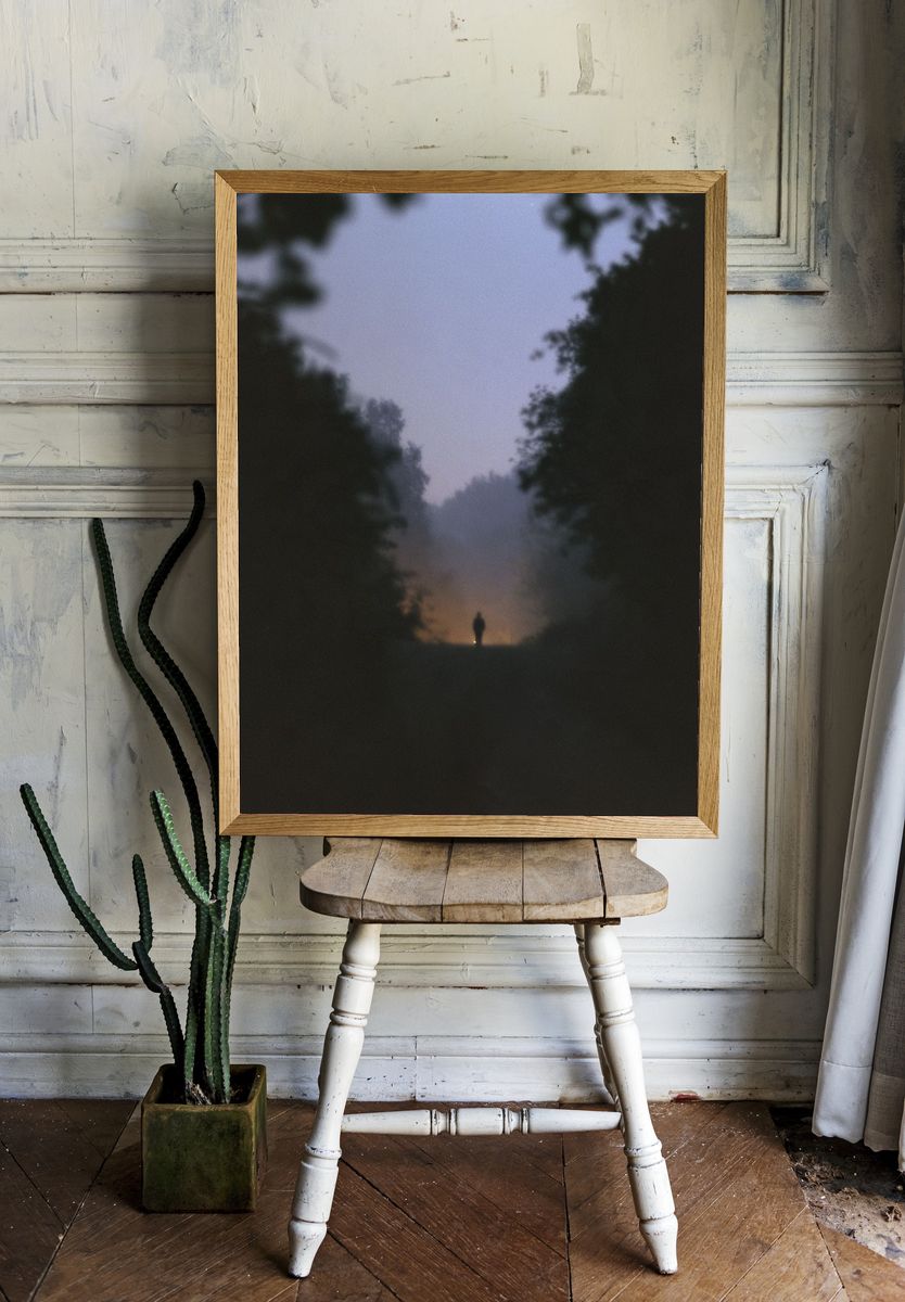 Misty Forest Dawn Silhouette Poster. room preview
