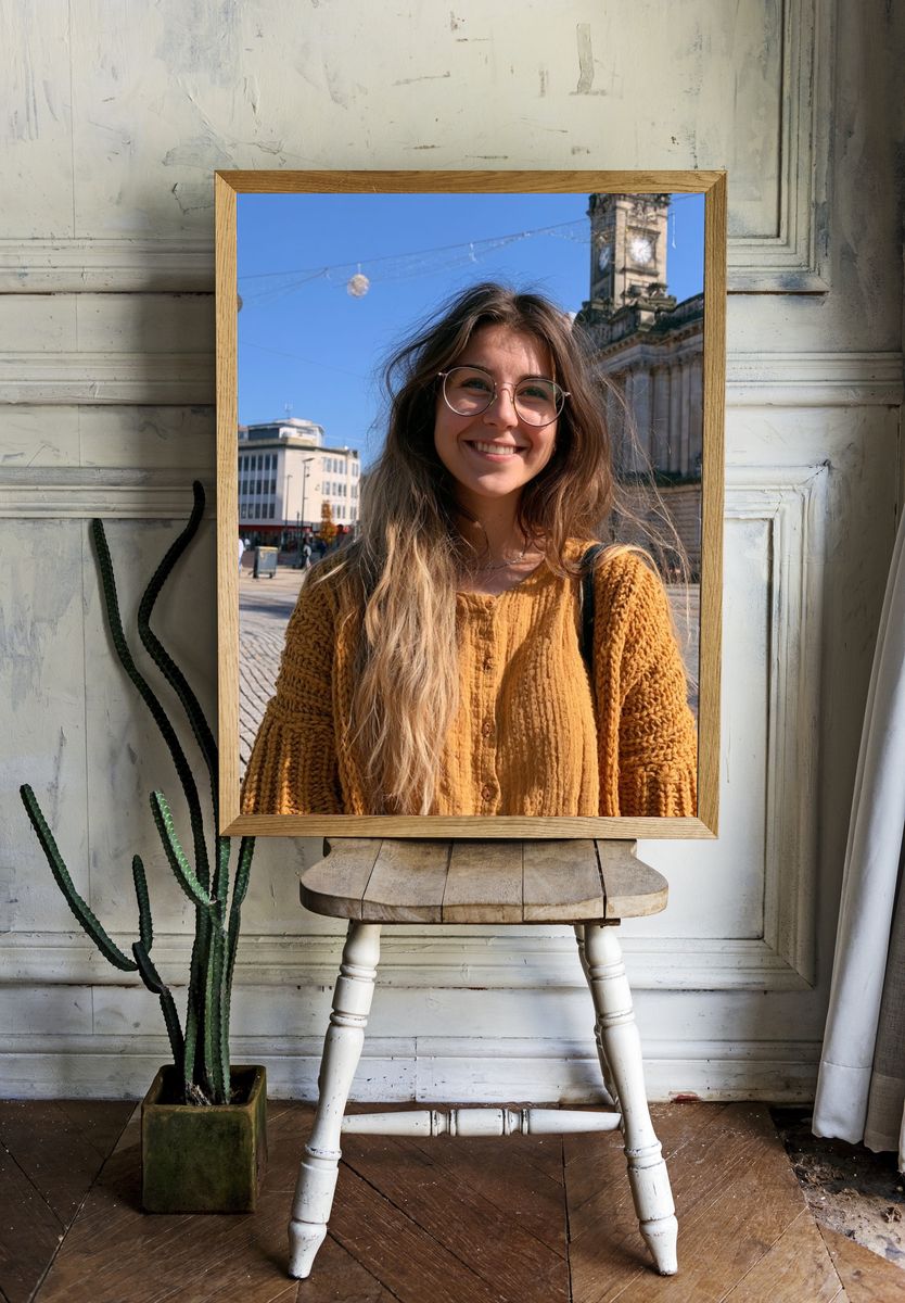 Smiling Woman in City Square Poster. room preview