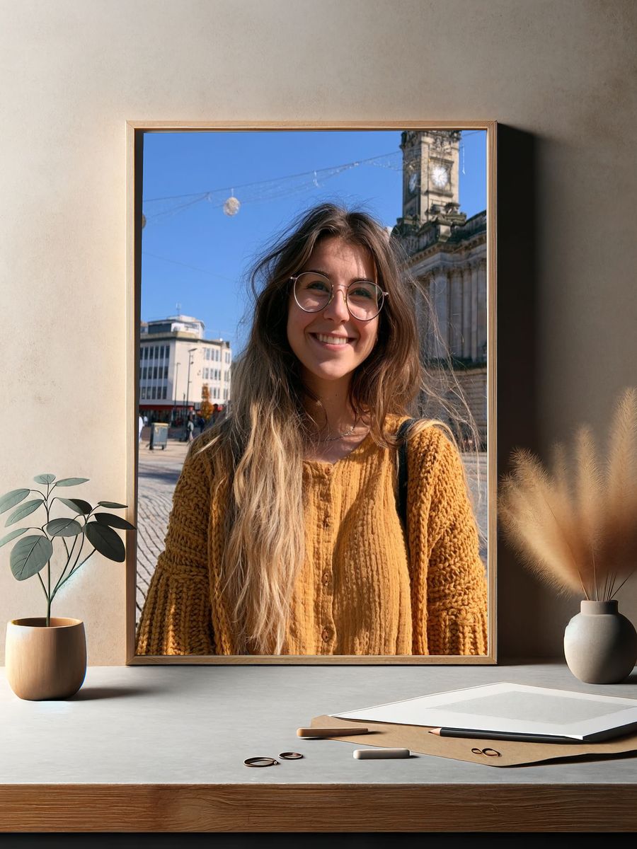 Smiling Woman in City Square Poster. — room view 2