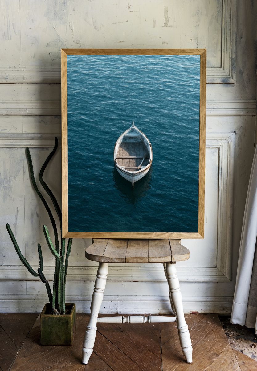 Solitary Boat at Sea Photography Poster. room preview