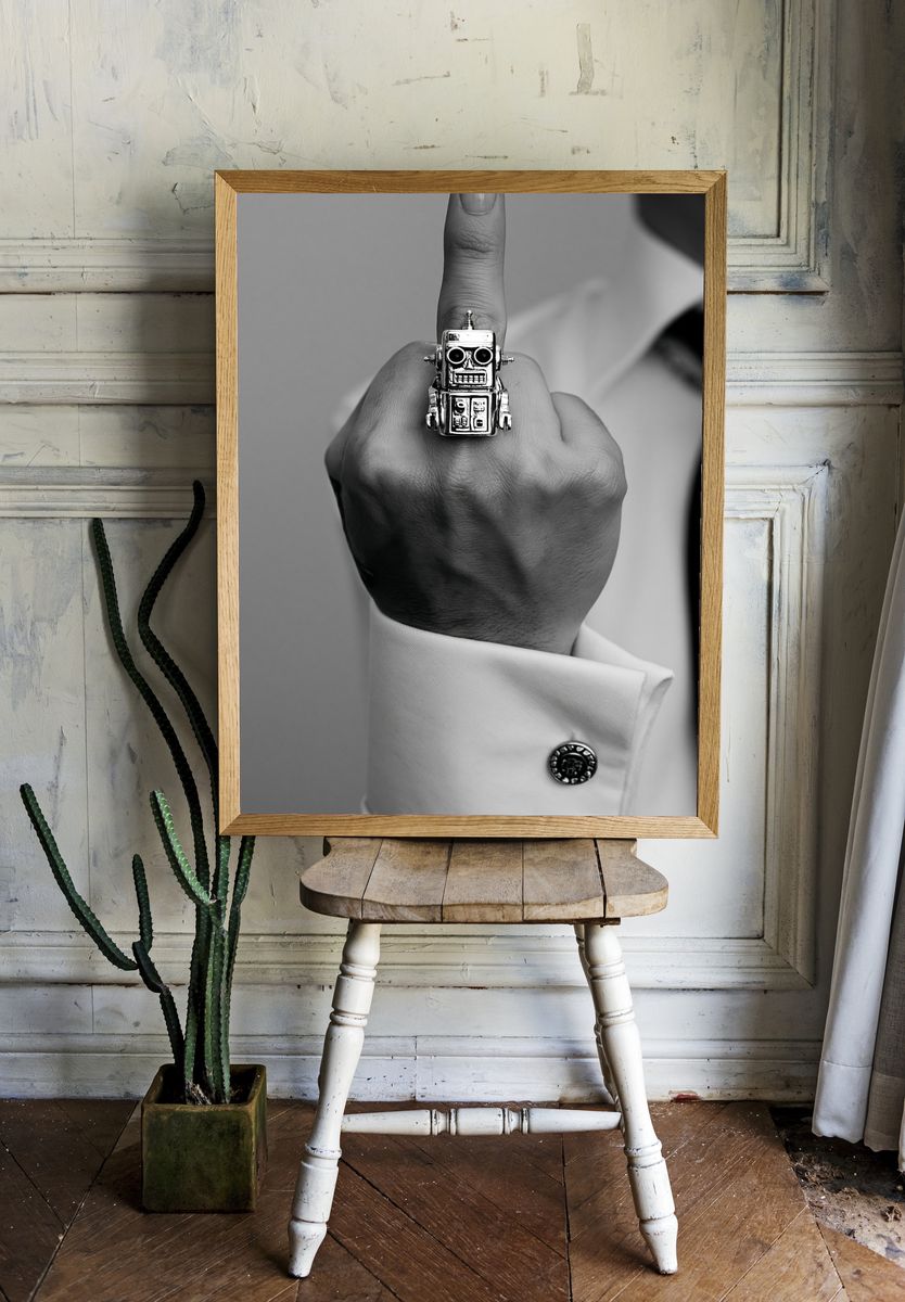 Robot Ring Hand Black-White Print. room preview