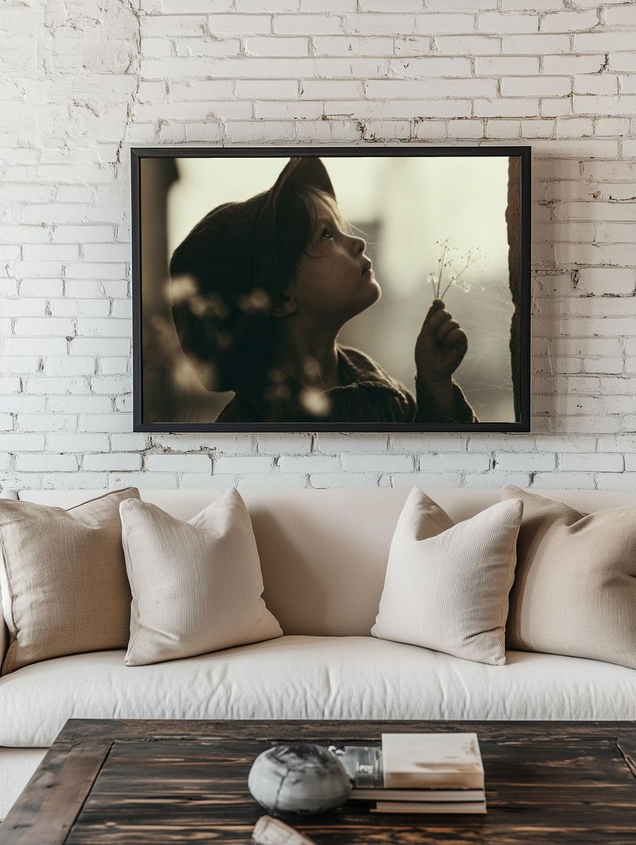 Child with Dandelion Photography Poster. — room view 1