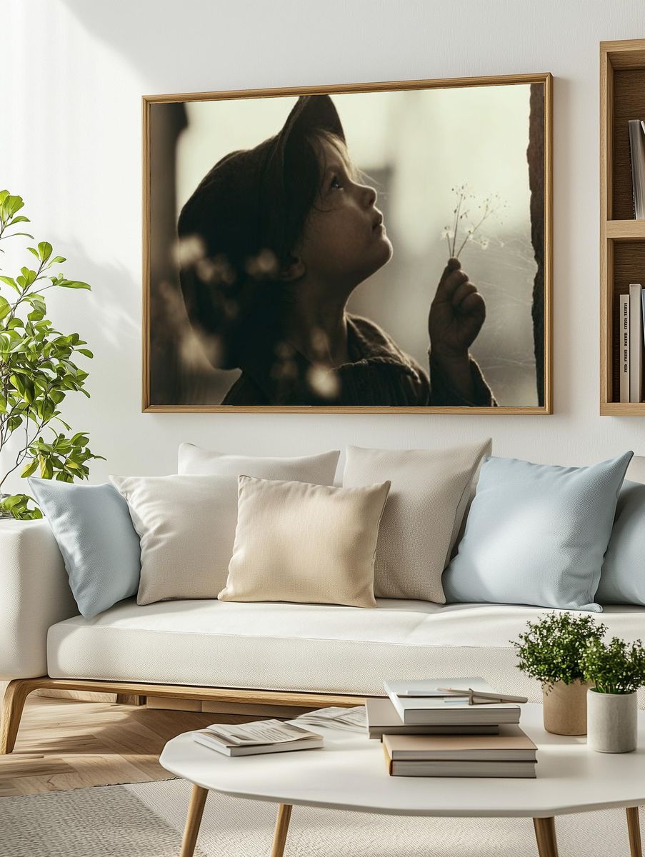 Child with Dandelion Photography Poster. — room view 2