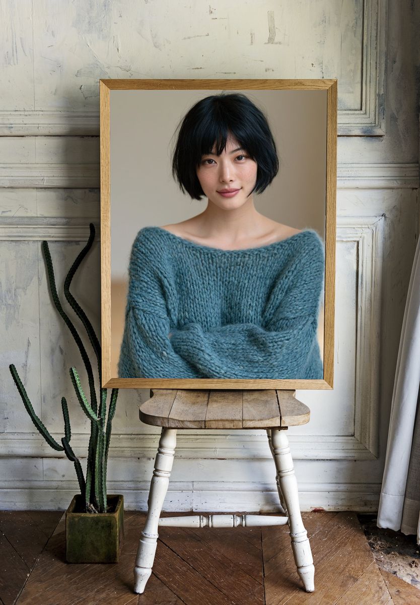 Soft Portrait in Blue Knit Poster. — room view 1