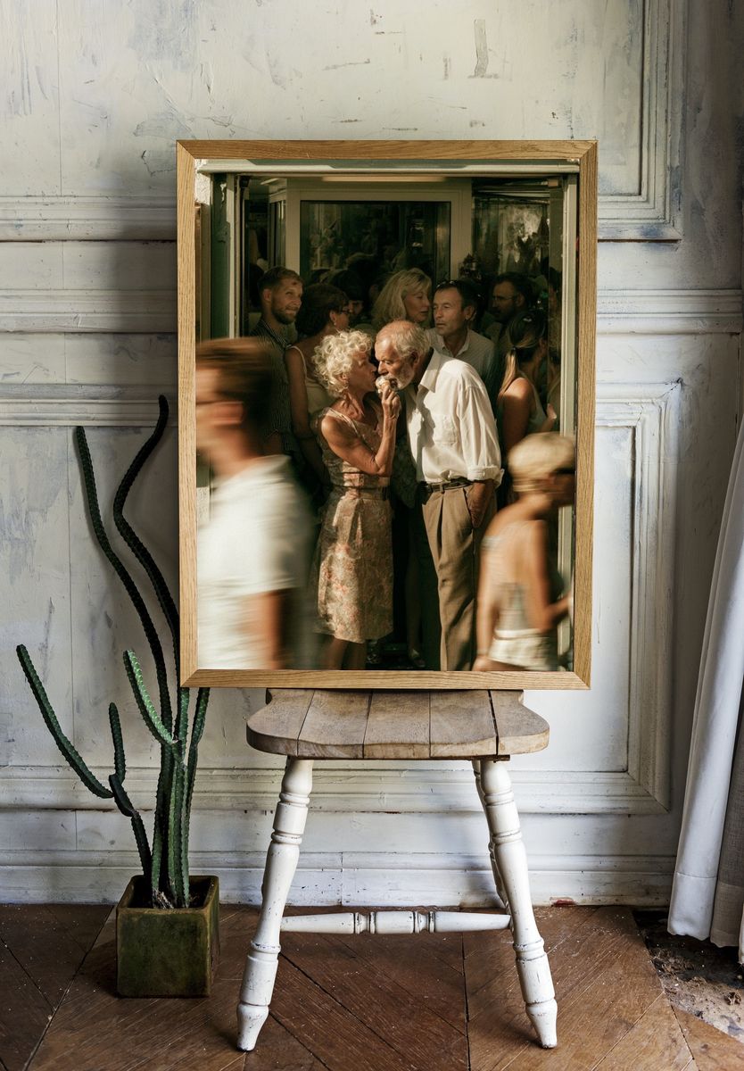 Sunlit Street Kiss Photography Poster. room preview