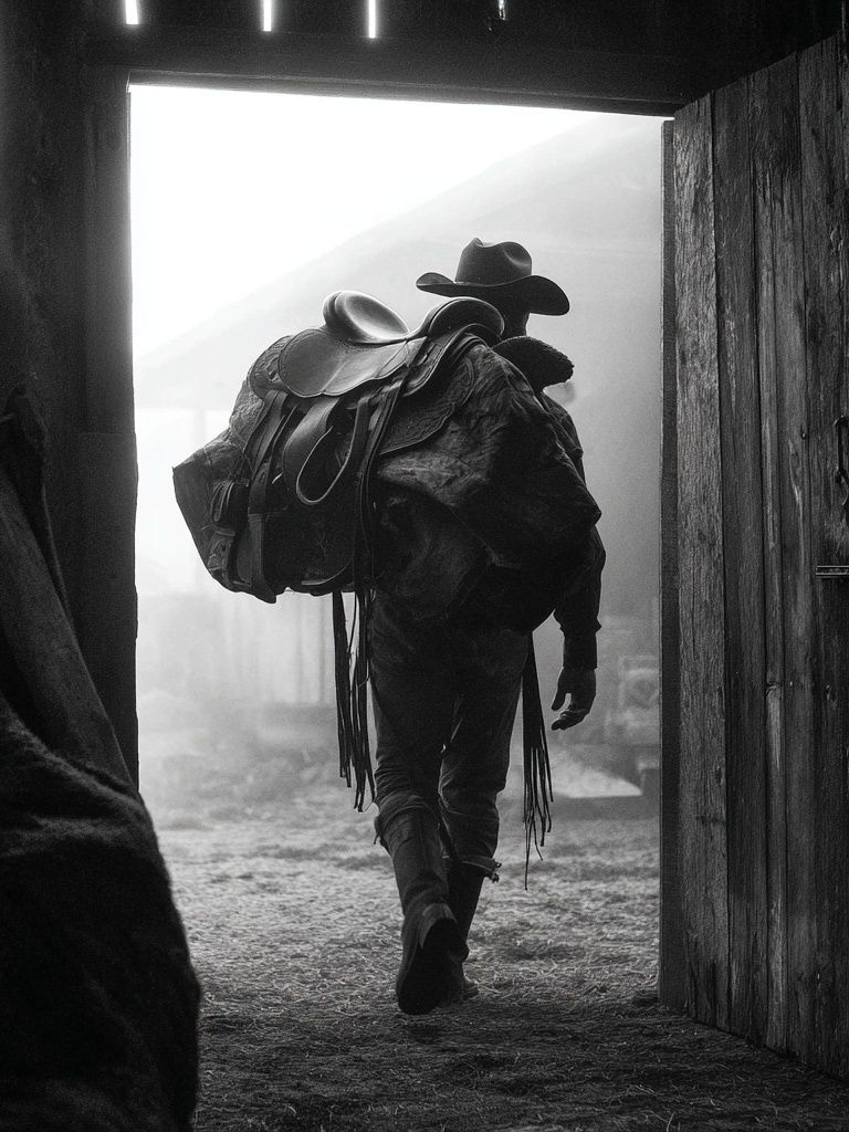 Cowboy in Barn Doorway Black-White Poster. poster — photography art