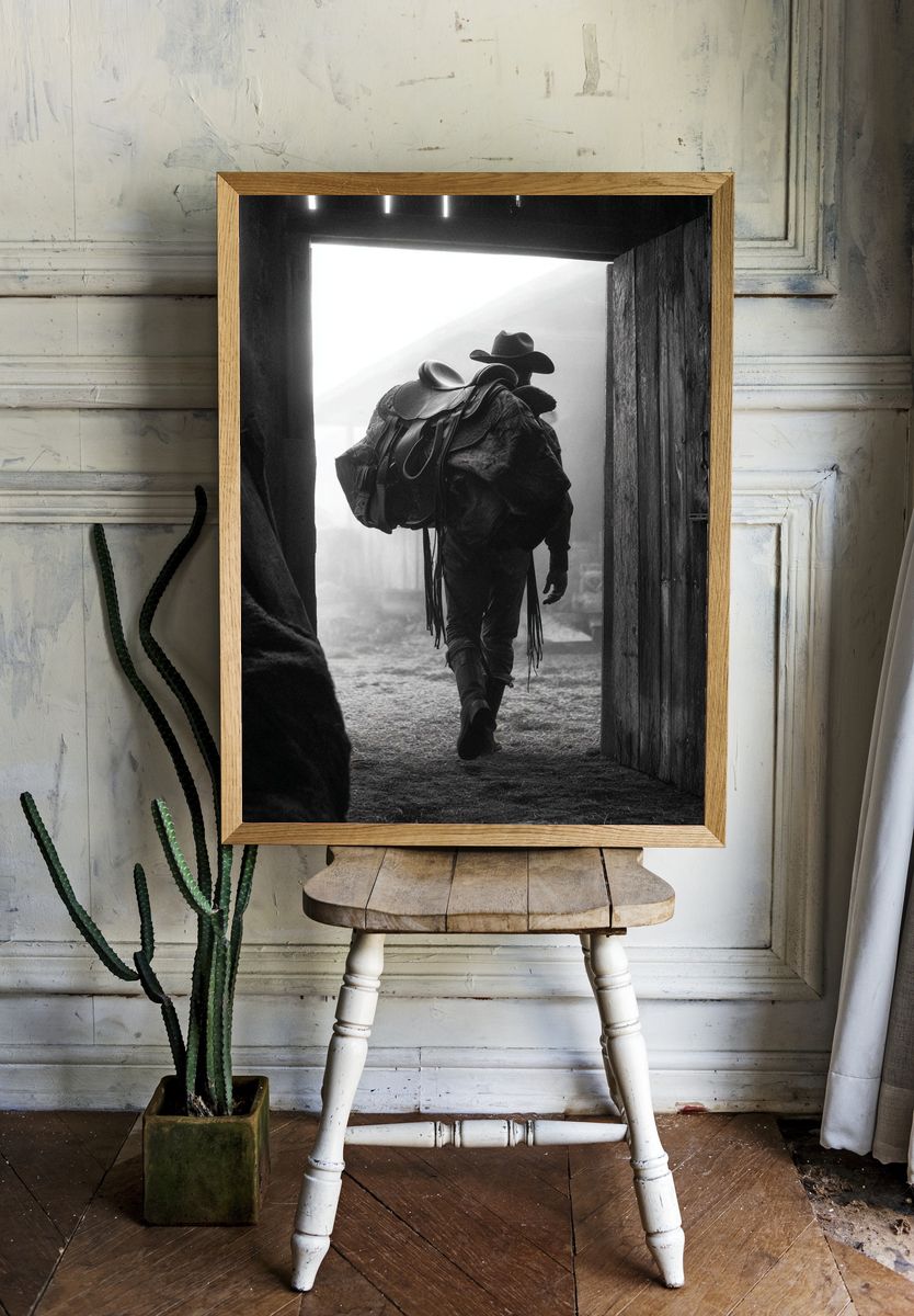 Cowboy in Barn Doorway Black-White Poster. room preview